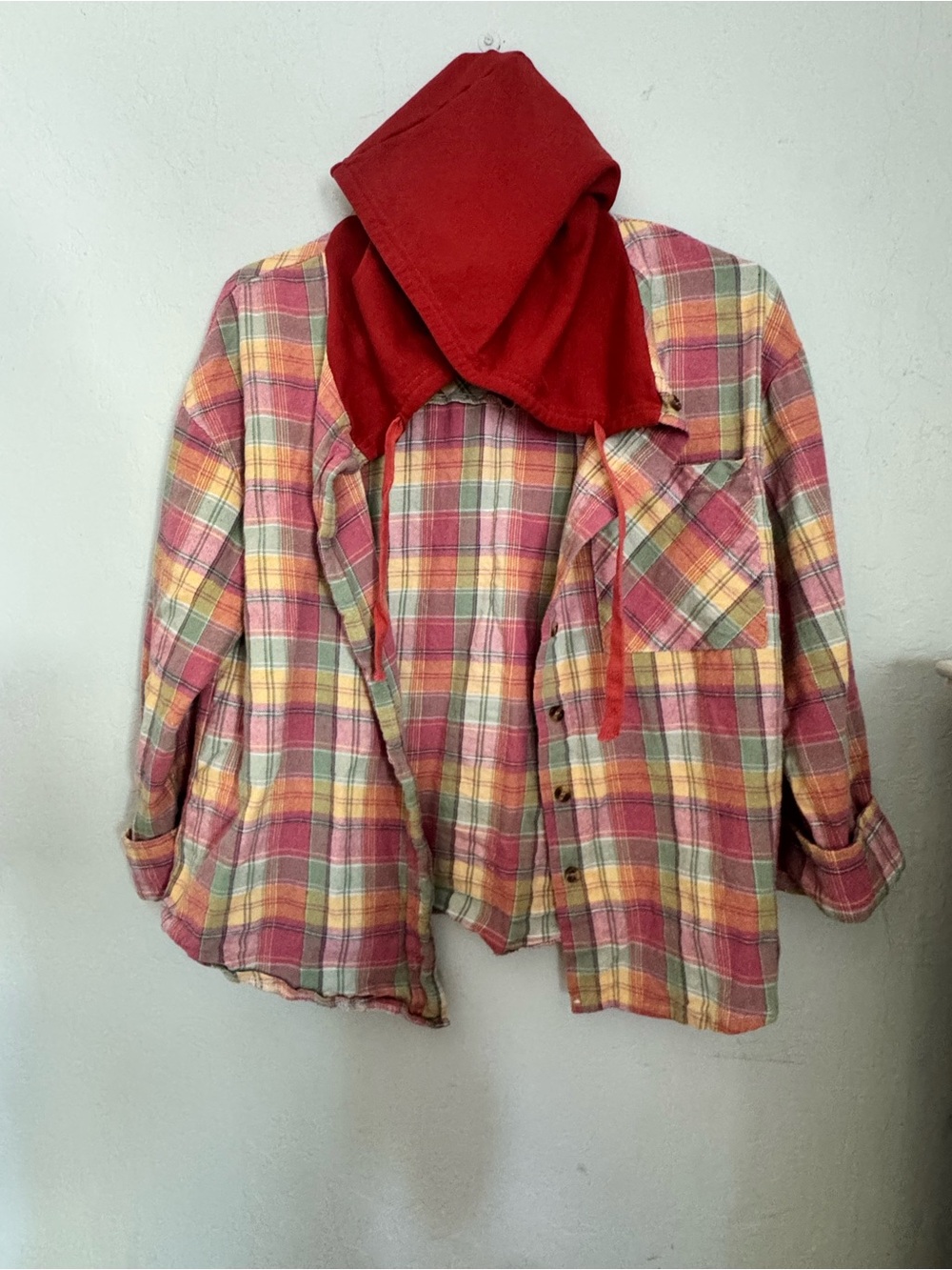 Plaid Hooded Flannel Button-Up Shirt Jacket - Red Multi